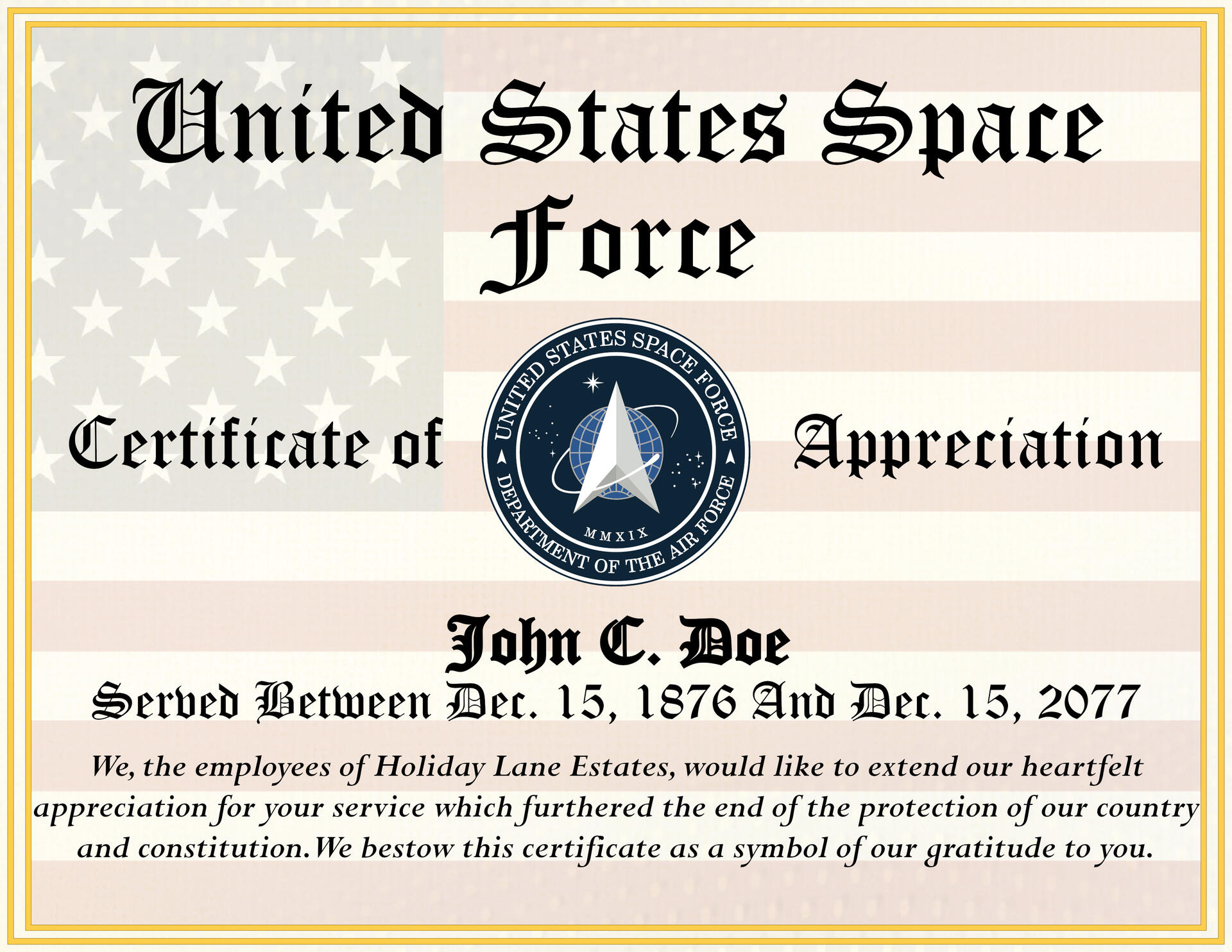 Veterans Day Certificate of Appreciation